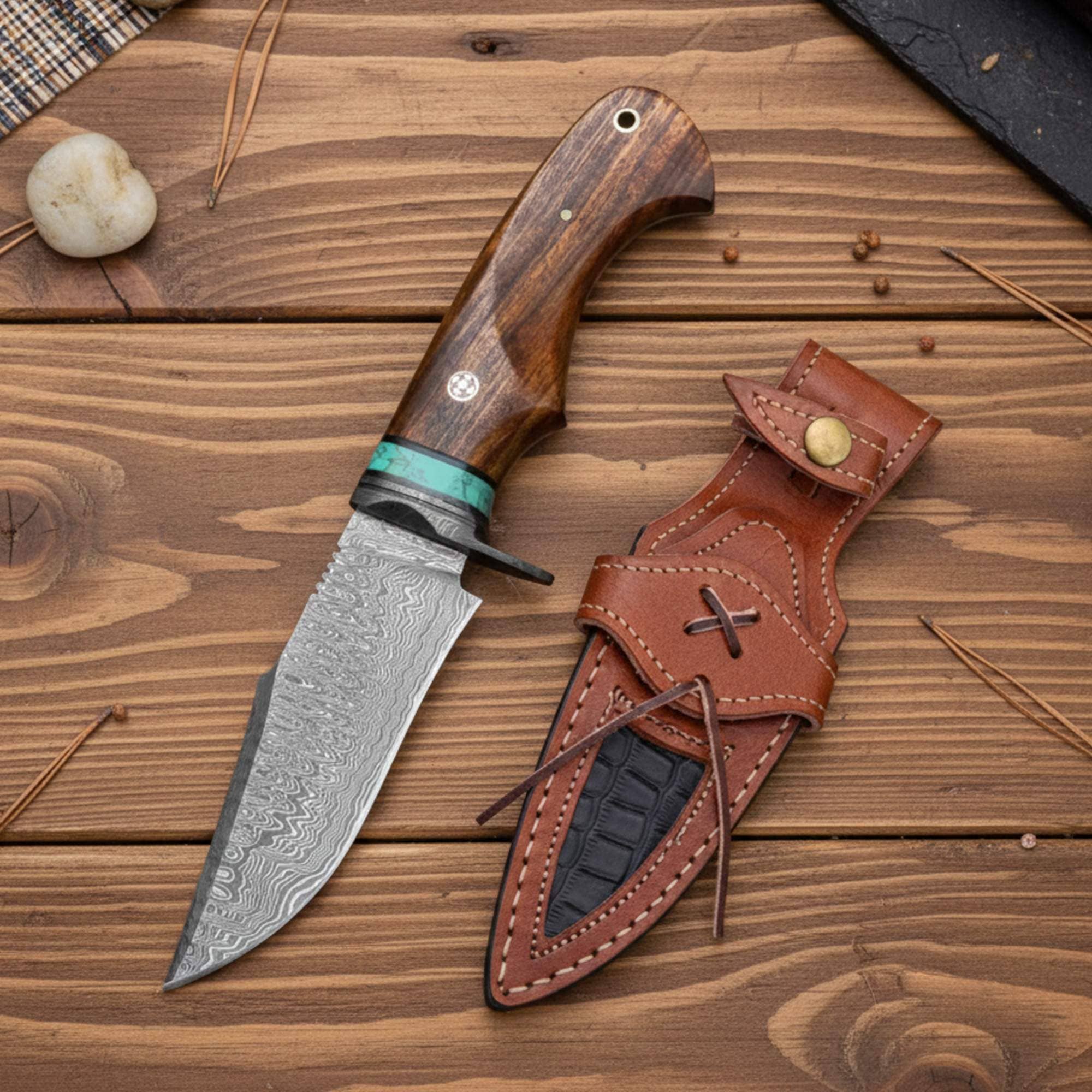 FH KNIVES - Wholesale Pocket Knife/Holder - 10' Handmade damascus steel knife with leather sheath1