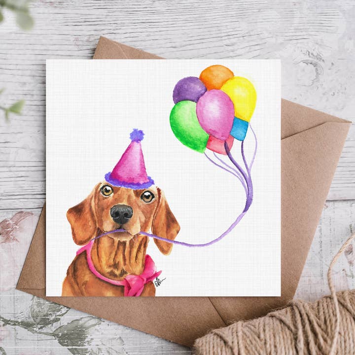 Biglietto di auguri per compleanno con bassotto rosso per la vendita all'ingrosso da parte di Cloud Jellybean Art