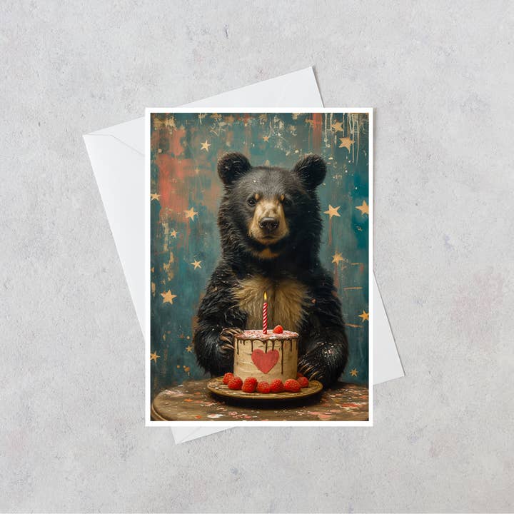 Bear With Raspberry Heart Cake Blank Card 102AS for wholesale by Salty Alyce