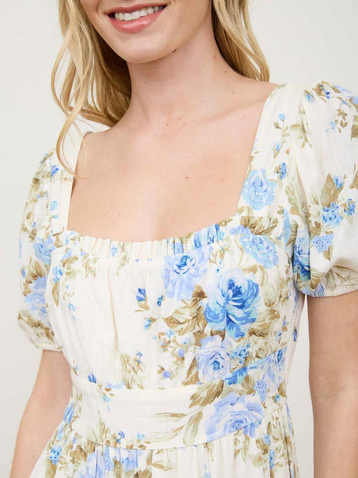 MIDI-JURK MET BLOEMENPRINT, PUFFMOUWEN EN RUCHES. voor wholesale door MINE