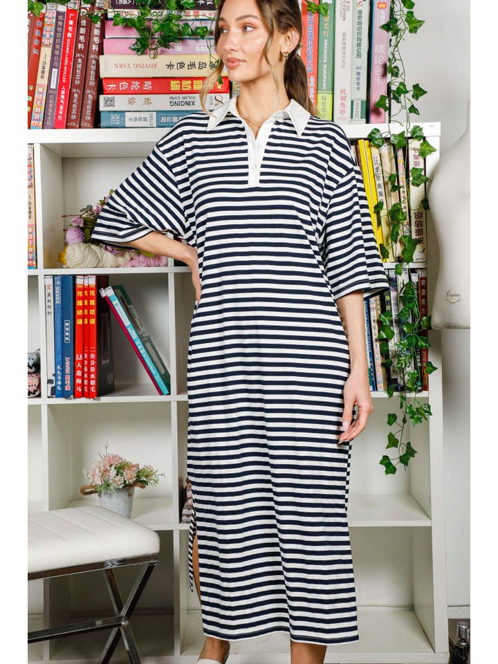 Navy Collared Drop Shoulder Striped Printed Polo Dress VD82307 for wholesale on Faire12