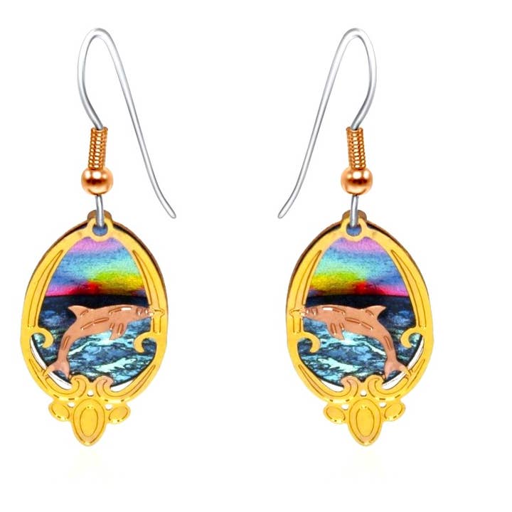 COPPER ARTS INC. – wholesale Dangle earrings – SC 75 3D Colorful Cut Out Dolphin Earrings0