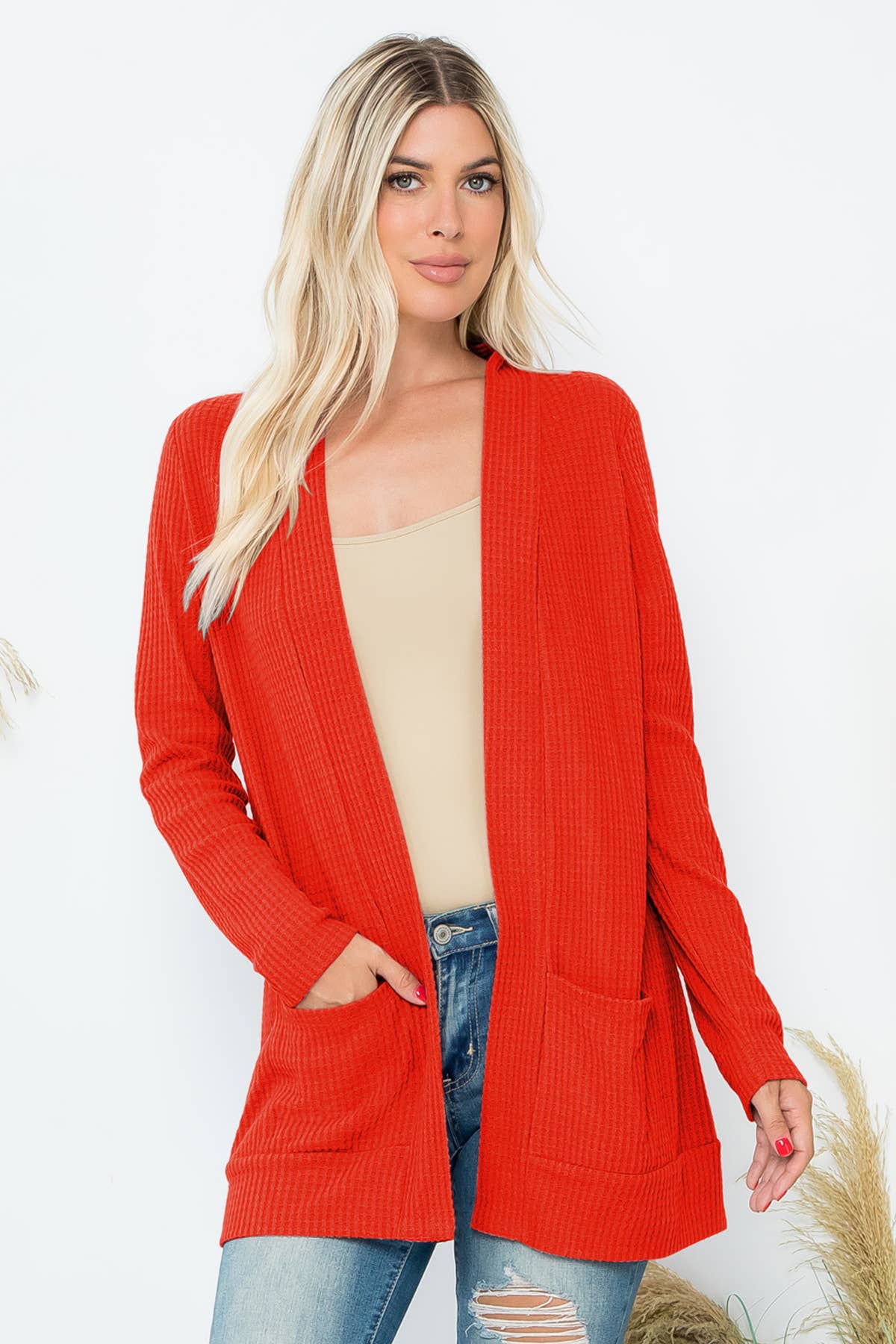 You & Me – Großhandel Strickjacke – Damen – GEBÜRSTETER WAFFEL LANGARM SEITENTASCHEN OFFENE FRONT STRICKJACKE24