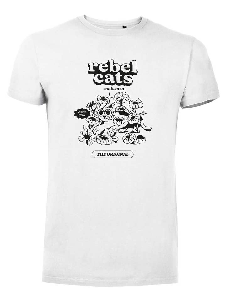 White Printed T-shirt - Rebel Cat for wholesale on Faire