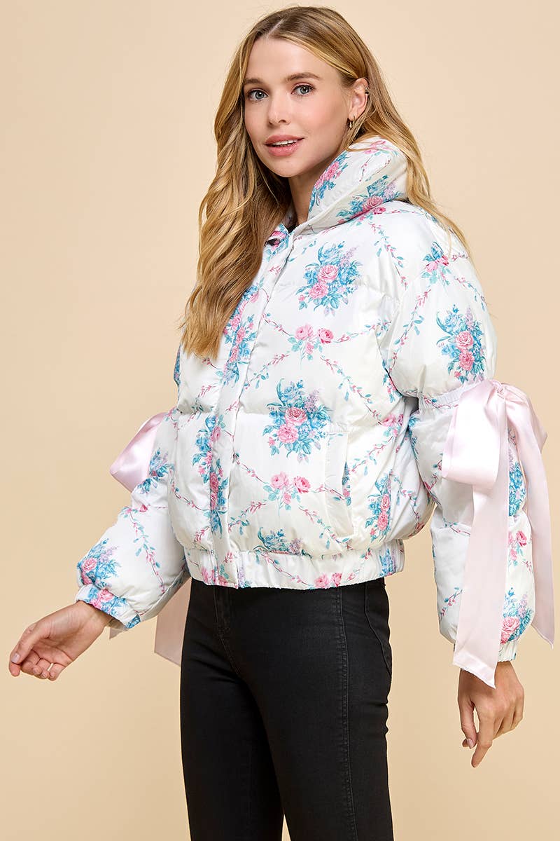 TCEC - Wholesale Puffer Jacket - Women's - CJ6546-Floral Print Bow Knot Elbow String Puffer Jacket3