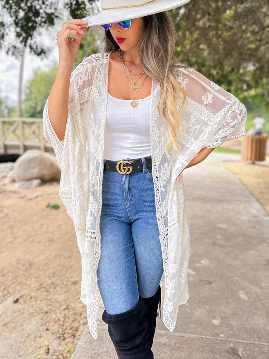 Ivory Floral Lace Sheer Dressy Kimono Cover Up for wholesale on Faire4