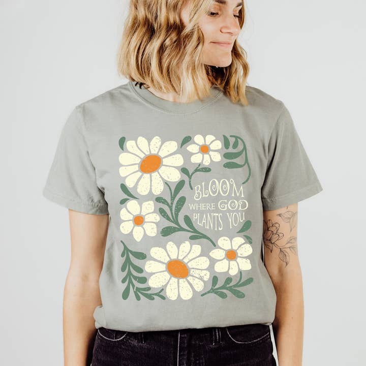 Scripted Pearl - Wholesale Screen Printed T-Shirt - Women's - Bloom Where God Plants You Comfort Colors Christian T Shirt5