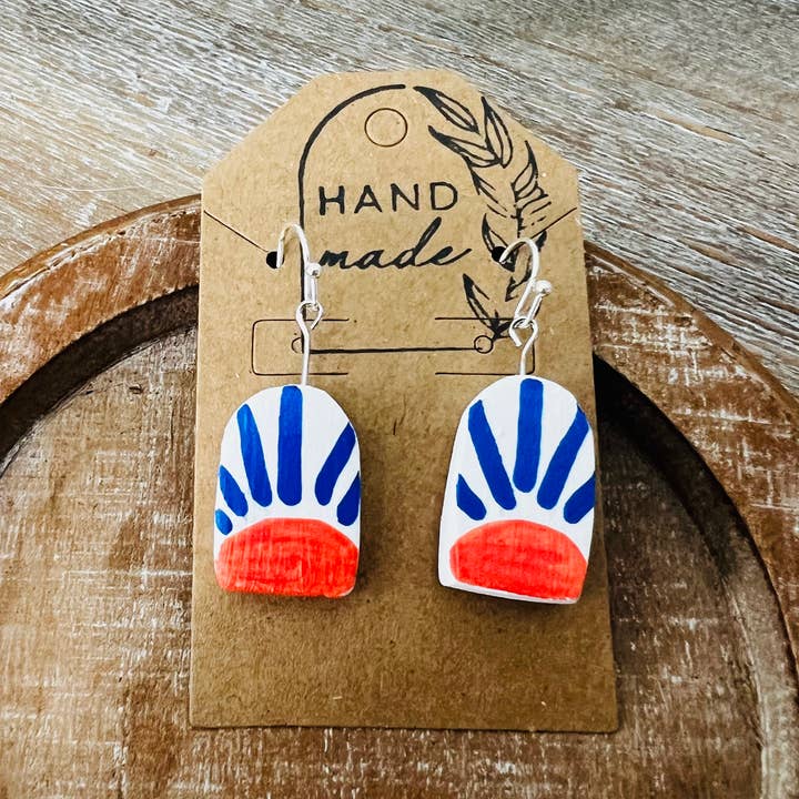 Handmade Clay Earrings - Arch orange/Navy Blue Sun for wholesale by Keely Siebenthal Art & Designs