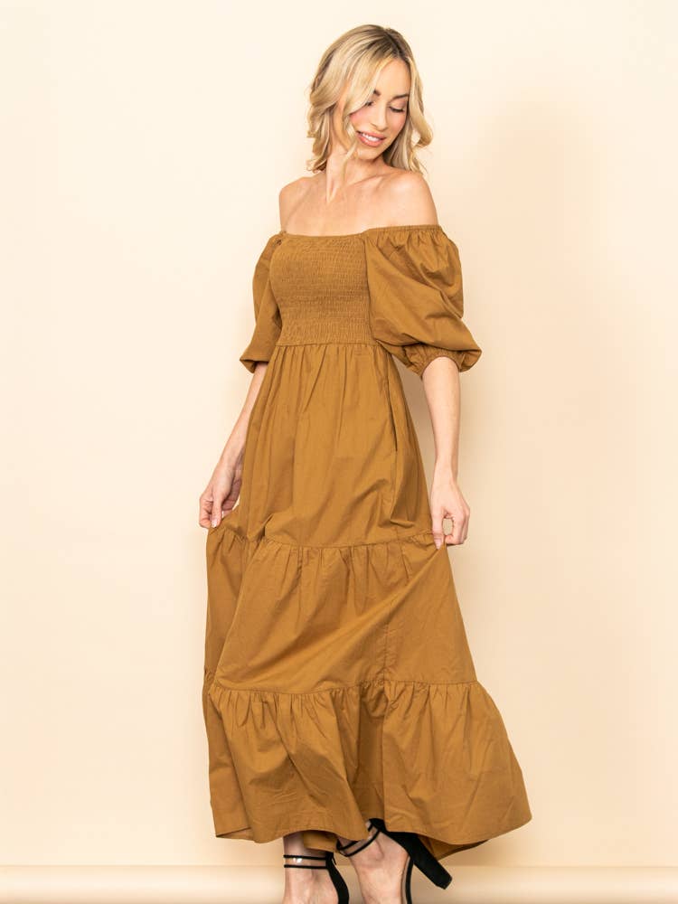 Camel SALE! On Off Shoulder Smocked Chest Tiered Skirt Maxi Dress for wholesale on Faire5