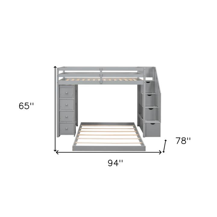 HomeRoots – Cama por atacado – Beliche Cinzento de Madeira com Cama de Solteiro sobre Cama de Casal com Escadas, Gavetas e Arrumação2