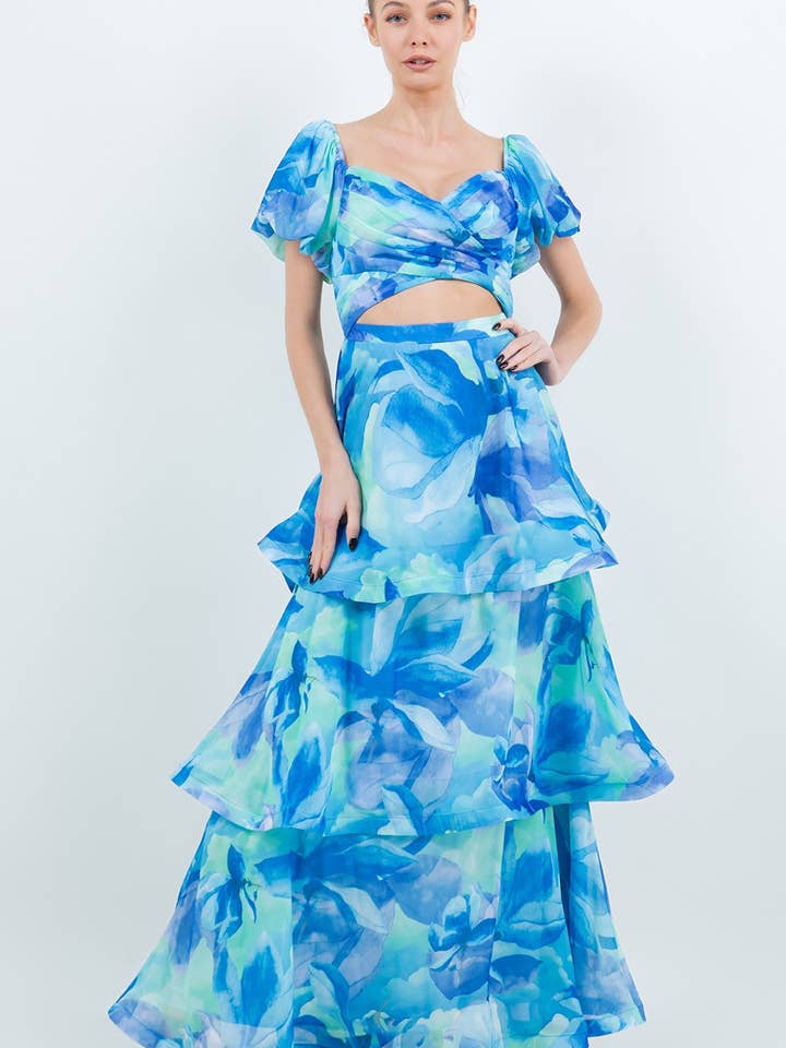 DM3992 ABITO MAXI A BALZE FLORAL CON SCHIENA ARRICCIATA per la vendita all'ingrosso da parte di Miss Avenue