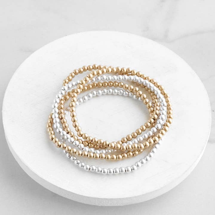 PennyLine inc - Wholesale Jewelry Set - Small ball beads bracelet stack of 5 bracelets Gold Silver