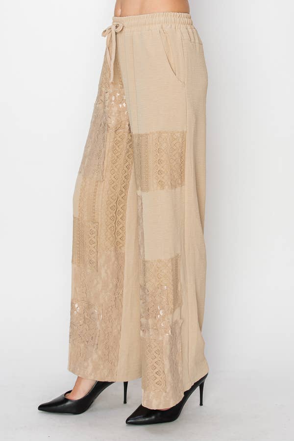 TAUPE Relaxed Lace Patchwork Pants With Elastic Drawstring - 4703TAUPE for wholesale on Faire2
