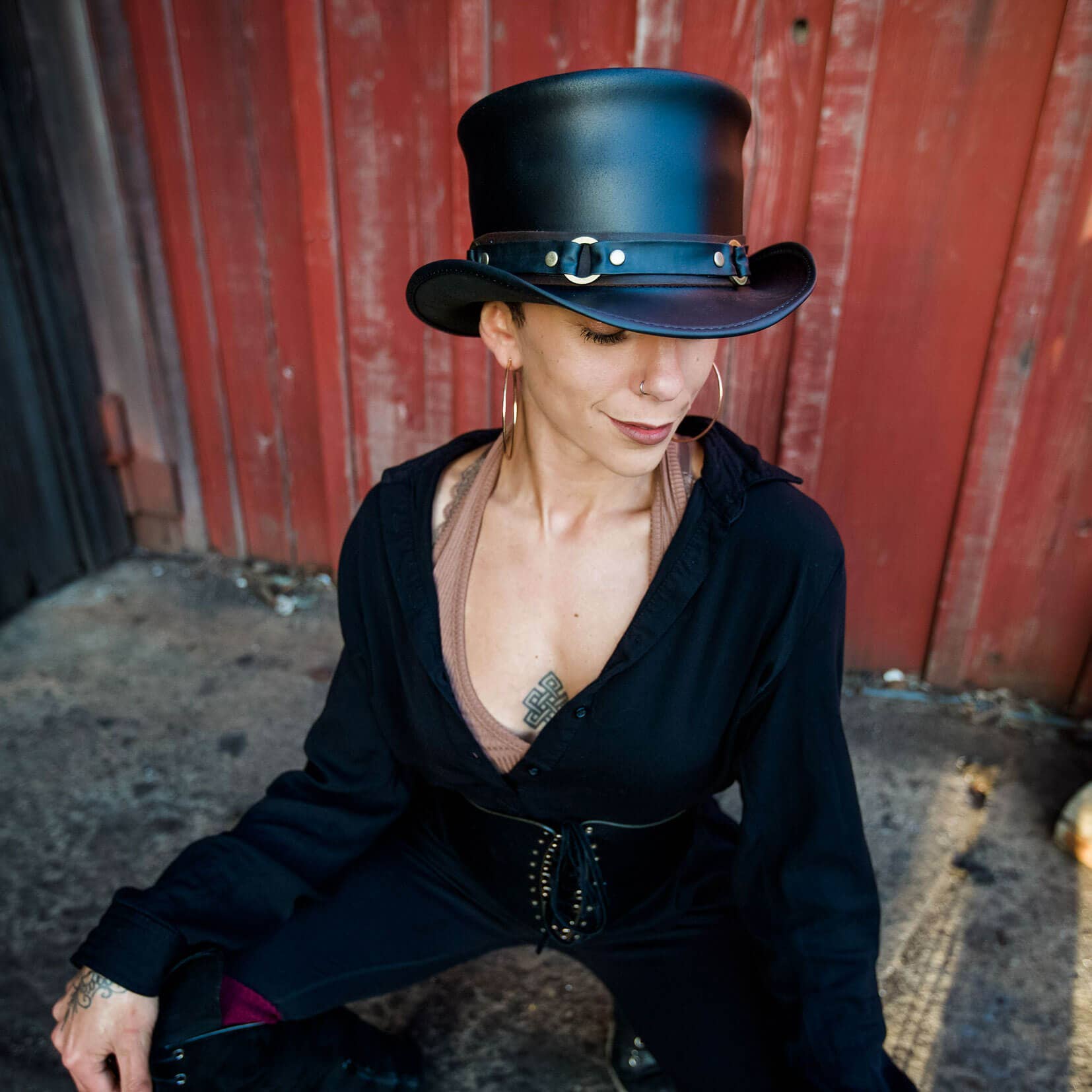 American Hat Makers - Wholesale Fedora - Unisex - Biker Leather Top Hat SR2 Band - Style El Dorado SR29