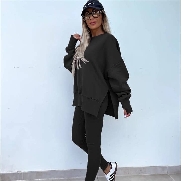 UZ Wholesale Store - Wholesale Lounge Set - Women's - Solid Color Round Neck Slit Sweatshirt And Skinny Pants Set