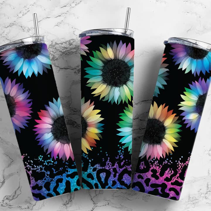 Rainbow sunflower 20 oz double walled tumbler for wholesale by Twisted Tumbler, LLC