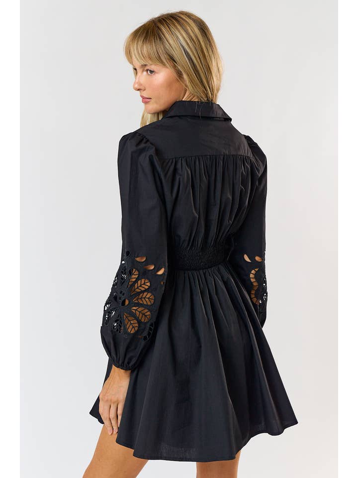 Lalavon - Wholesale Dress - Women's - ILD4198 EMBROIDERED FLORAL BUTTON UP FLARED MINI DRESS
