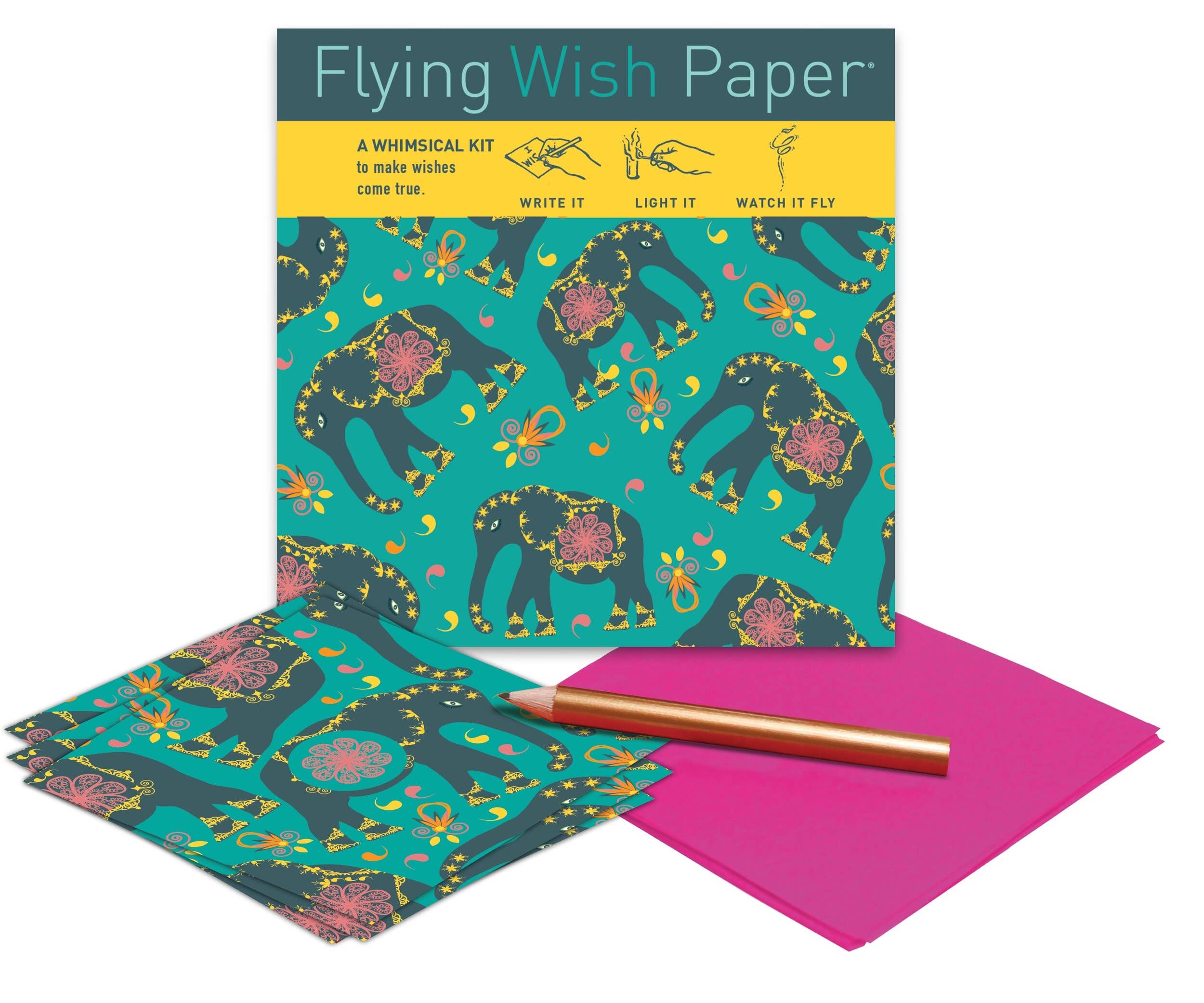FLYING WISH PAPER ® - Wholesale Everyday greeting card - ELEPHANT / Wish-Making Kit / 15 WISH PAPER™ + Accessories1