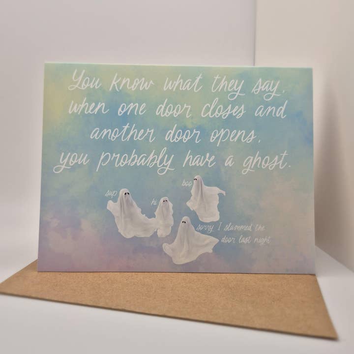 Funny Ghost New Home Card: When One Door Closes for wholesale by Push the Envelope Cards