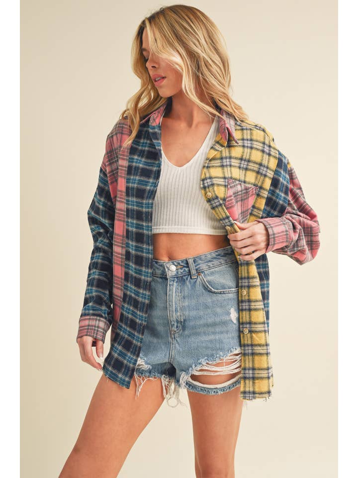 Blue Pink Yellow 8316DN Neela Multi Color Plaid Flannel Shirt 1 for wholesale on Faire9