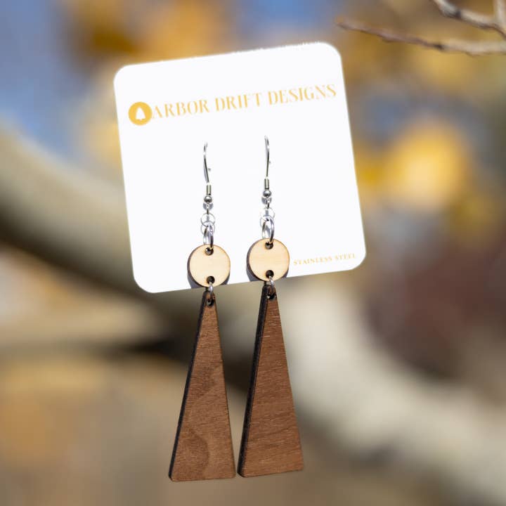 Circle and Trapezoid Wooden Earrings for wholesale by Arbor Drift Designs