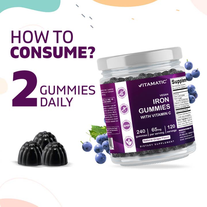 Vitamatic - Venta al por mayor Suplementos/vitaminas para beber - Vitamatic| Suplemento de Gominolas de Hierro 65 mg | 240 Gominolas Veganas