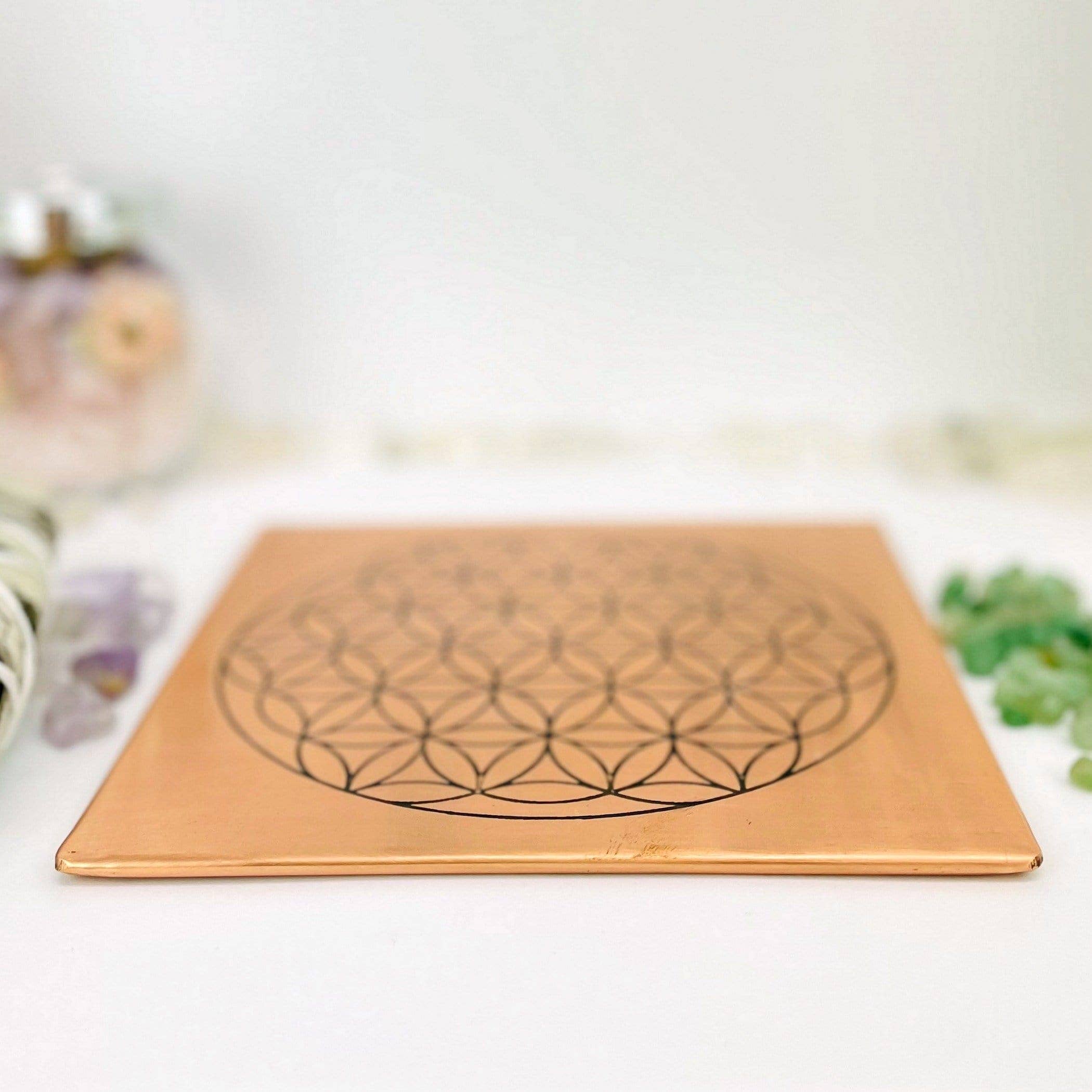 Rock Paradise – wholesale Decorative plate/dish/bowl – Crystal Copper Square Dish with Engraved Flower of Life Grid1