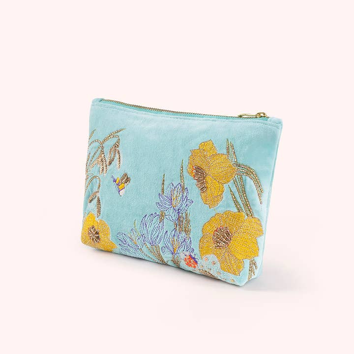 Blue *SS26* Mid Sized Embroidered Zip Pouch - Wildflower Meadow for wholesale on Faire0