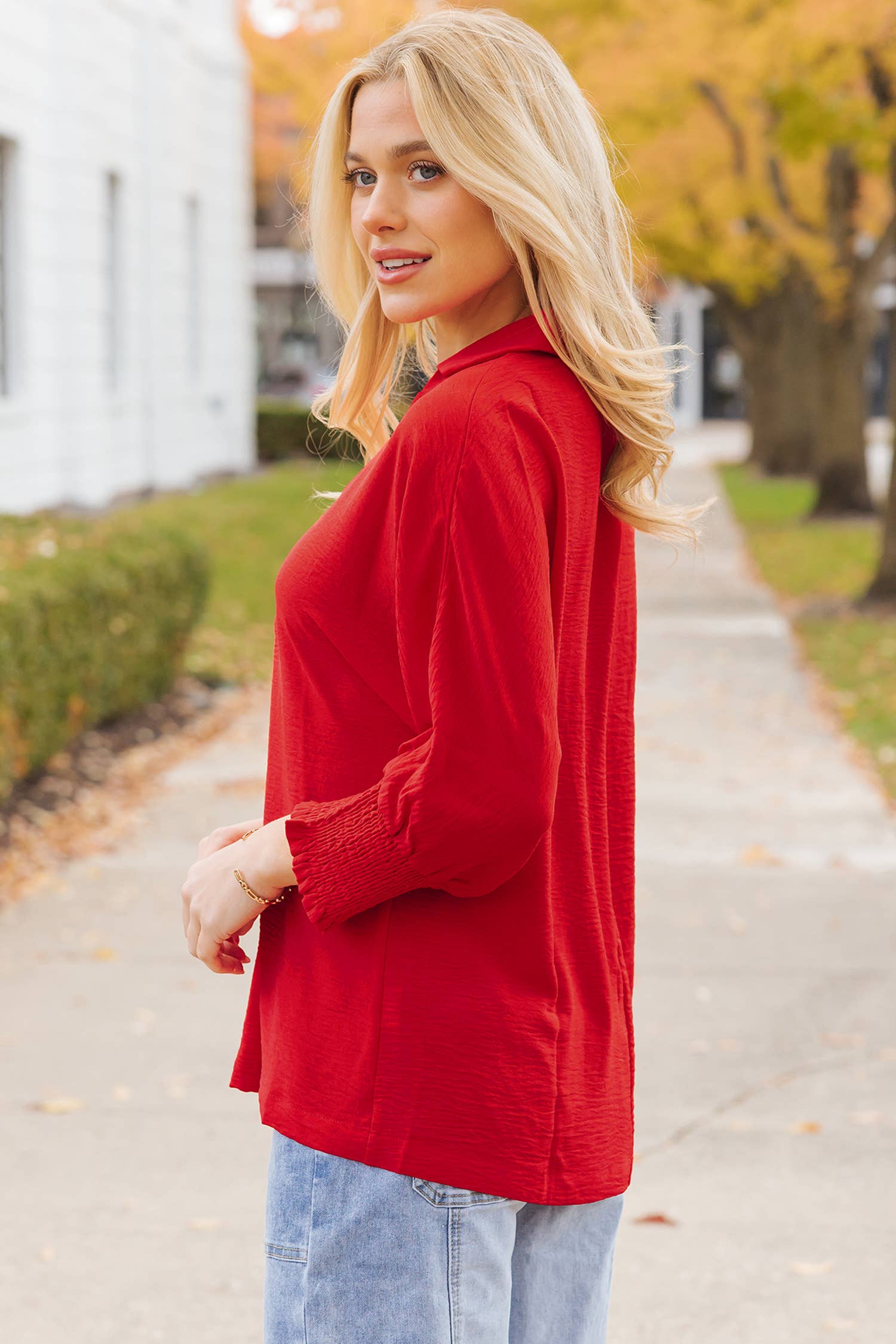 As shown Red Shirred Collared 3/4 Sleeve Oversize Tunic Top  | S-4X for wholesale on Faire3