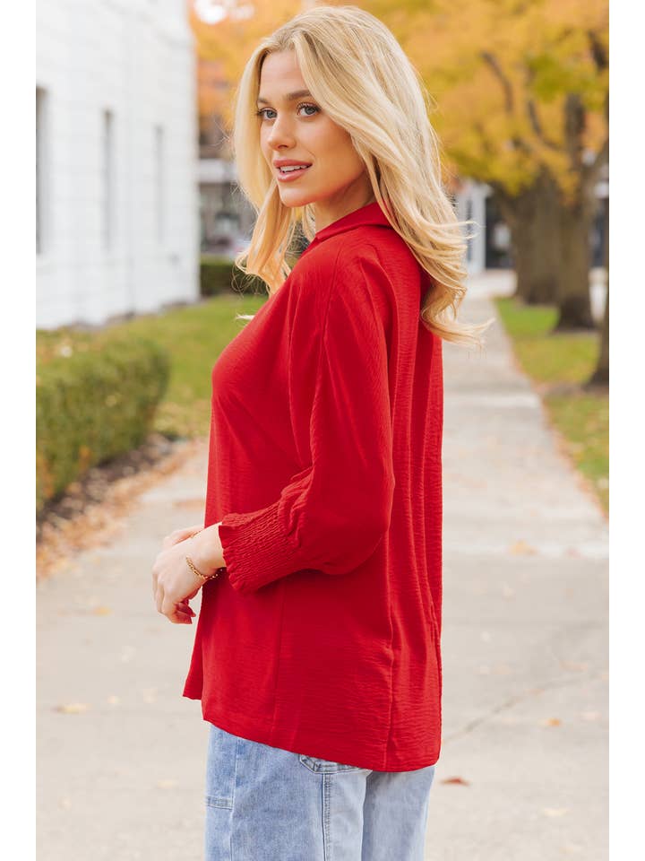 As shown Red Shirred Collared 3/4 Sleeve Oversize Tunic Top | S-4X for wholesale on Faire3