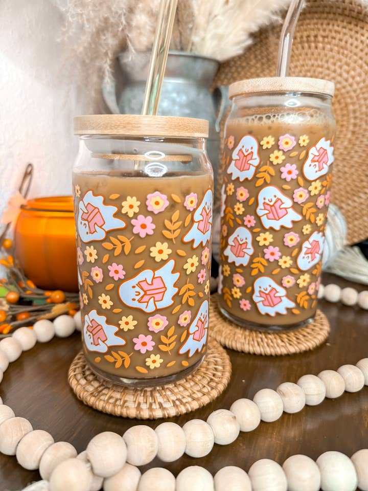 Cute Ghost Read Books 16oz & 20oz Halloween Glass Cup for wholesale by Curly Tailed Designs