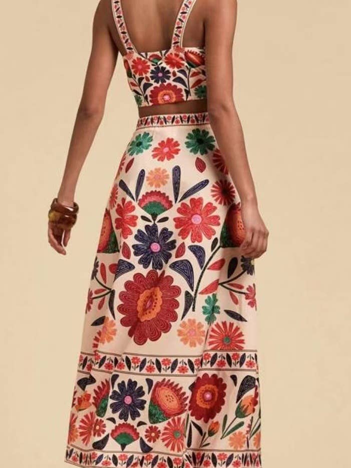 Rosa Clothing - Vente Ensemble haut et jupe - Femme - Ensemble haut court et jupe à imprimé floral bohème coloré3