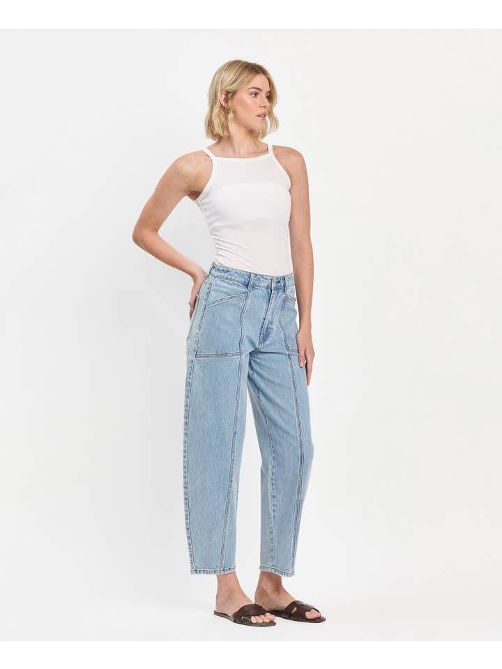 DEXTEROUSLY SUPER HIGH RISE PANEL DETAIL BARREL JEANS T6610 for wholesale on Faire