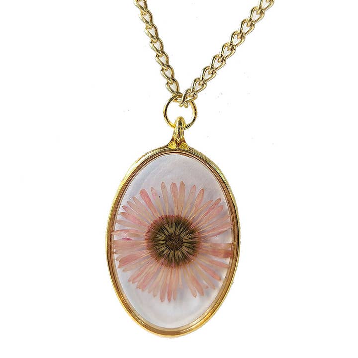 Oval Real Dried Pink Daisy Flower Resin Necklace for wholesale by Stylish Jewelry Supply