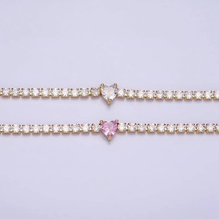 Gold Filled Pink/Clear CZ Heart Valentine Tennis Necklace for wholesale by Aim Eternal