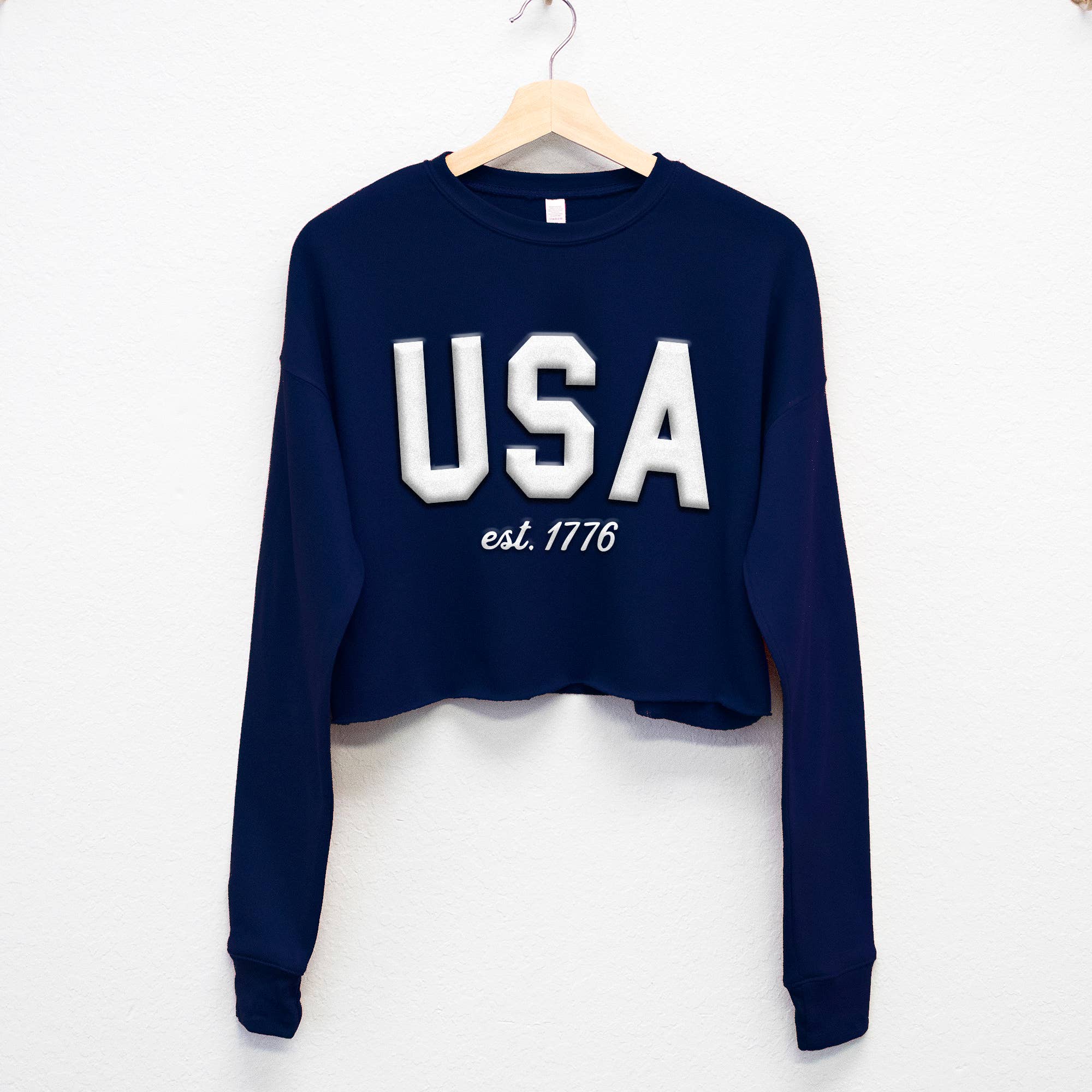 Nobullwoman Apparel - Wholesale Graphic Sweatshirt - Women's - USA est. 1776 Embossed Puff Print Cropped Sweatshirt1