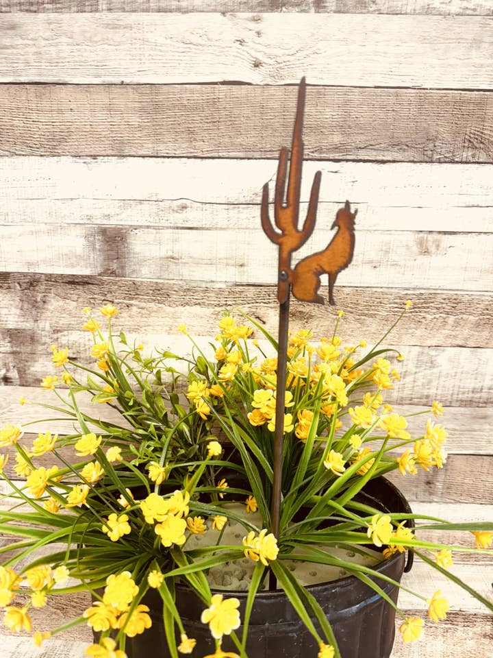 Coyote and Cactus Rustic Metal Garden Plant Stake for wholesale by Universal Ironworks USA