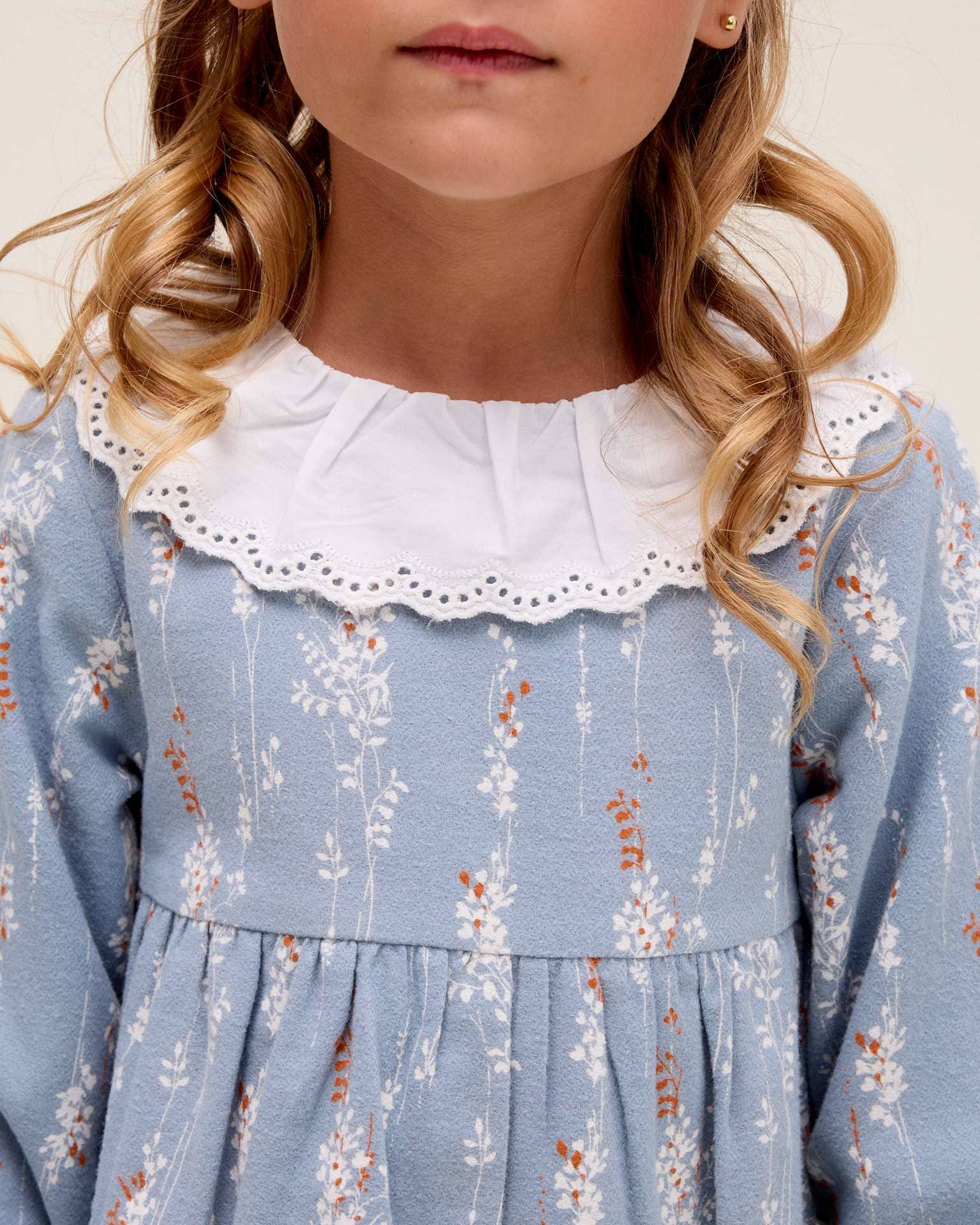 Blue girl's dress with embroidered ruffled collar for wholesale on Faire2