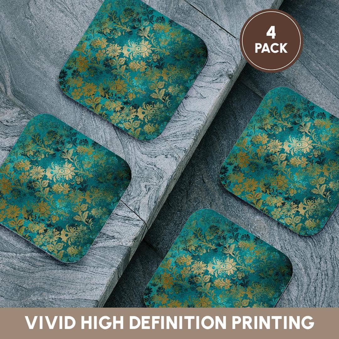 3dRose - Wholesale Coasters - 3dRose, Teal Green and Image Of Gold Art Nouveau Floral Pattern, Coaster12