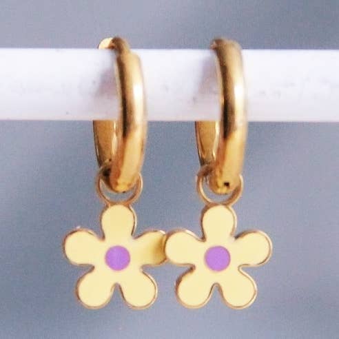 Steel hoop earrings with flower - light yellow/purple for wholesale by Bazou