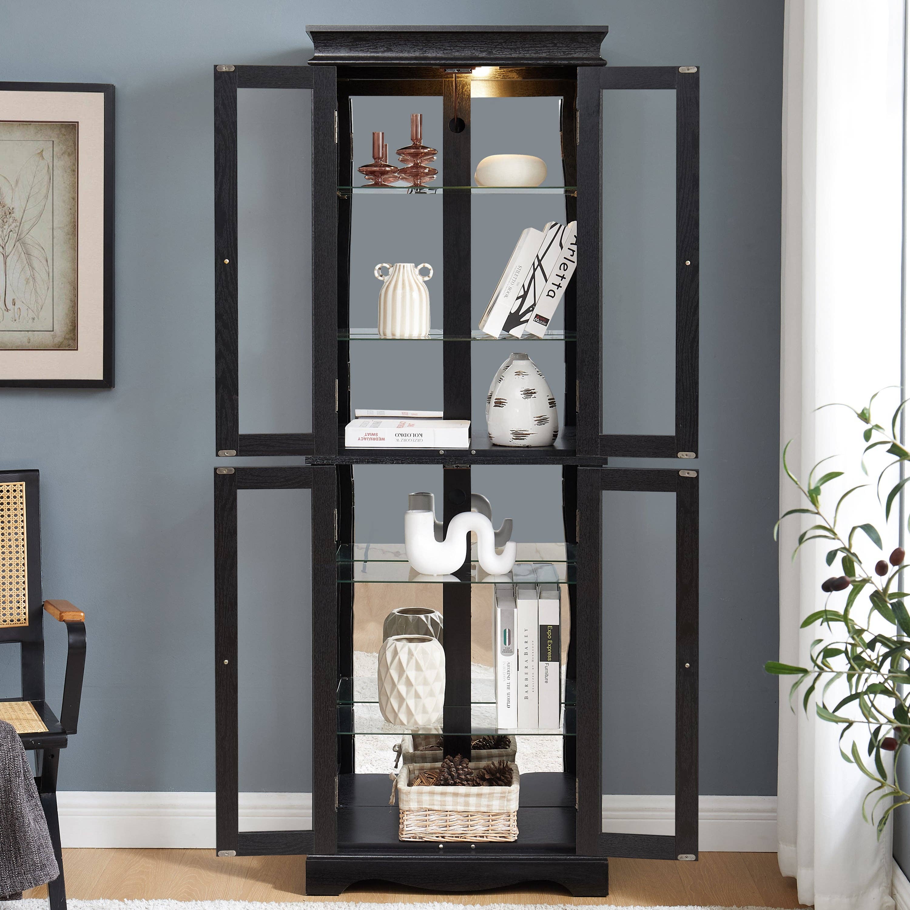 39F Inc. - Wholesale Cabinet - Lighted 6-Tier Glass Curio Display Cabinet with Wood Frame24