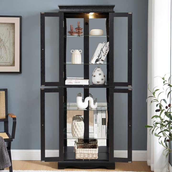39F Inc. - Wholesale Cabinet - Lighted 6-Tier Glass Curio Display Cabinet with Wood Frame24