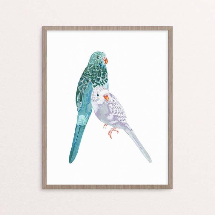Blue and Mauve Parakeet Budgie Bird Illustration Giclee Print for wholesale by Stephanie Missan Studio