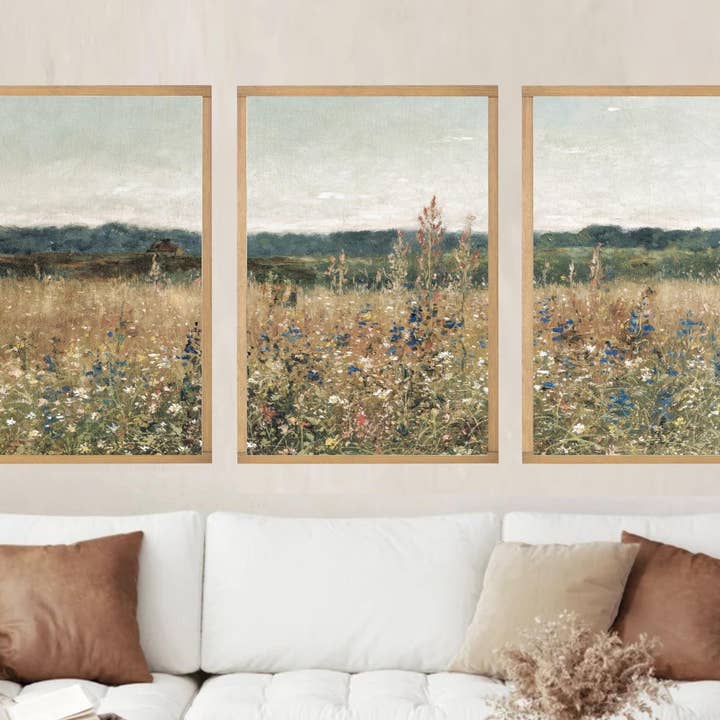 Wildflower Field Set of 3 Prints | Vintage Wall Art | Landscape Painting | Wildflower Field Wall Art | Botanical Wildflower Art Painting for wholesale by Rustic Oak Designs
