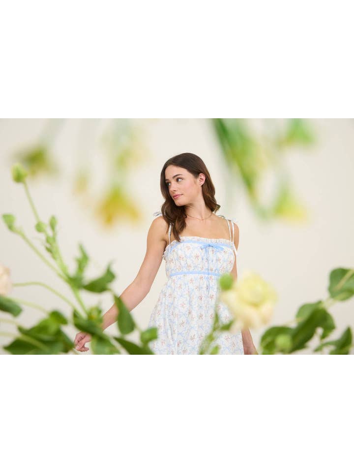 MINE - Wholesale Dress - Women's - FLORAL BOW PATTERN TIE STRAP MINI DRESS