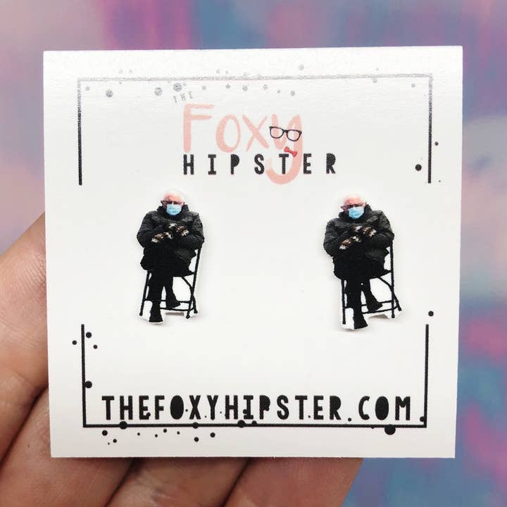 Inauguration Bernie and his Mittens Meme stud Earrings for wholesale by The Foxy Hipster