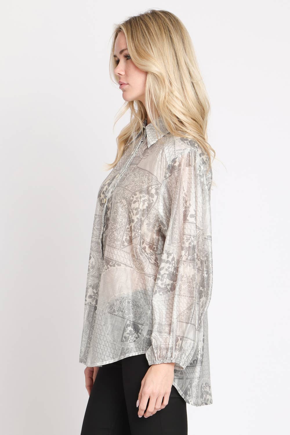 Beulah Style - Wholesale Button Down Shirt - Women's - Multi-Print Sheer Button Up Shirt QM21044