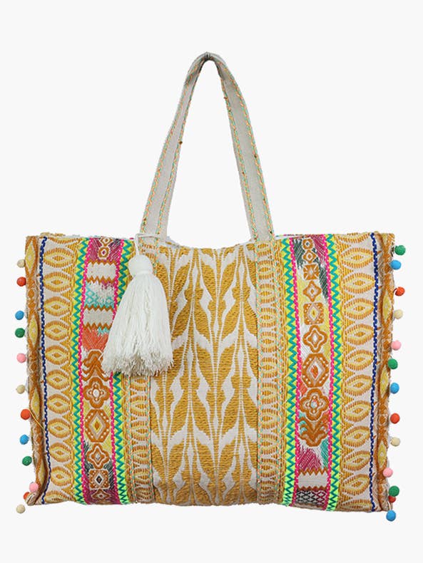 M2481 Boho katoenen draagtas met ronde hals en pomponversiering voor wholesale door Jen & Co.