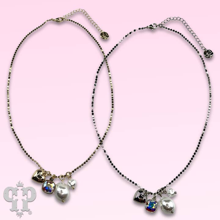 Pearl charm necklace with Austrian crystal for wholesale by Pink Panache Brands