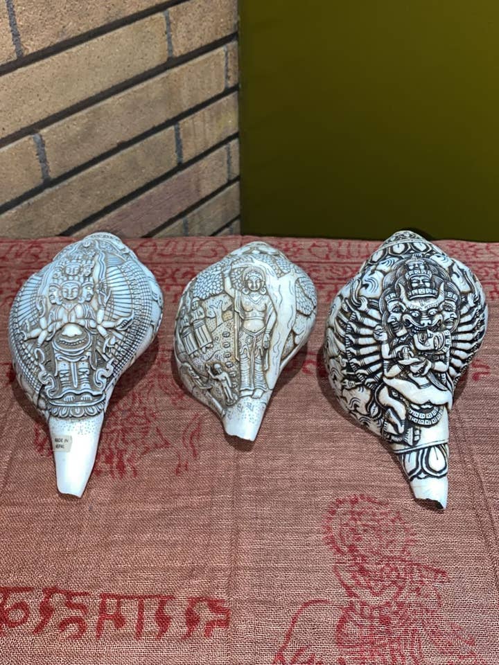 Hand-Carved Conch Sankha Shell Assorted Iconography (XL) for wholesale by Katmandu Trading Co.